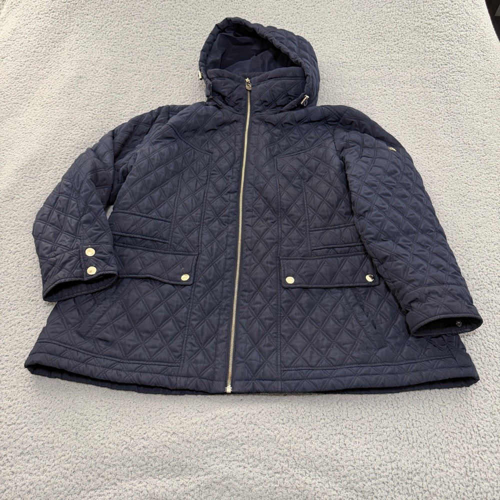 Michael Kors Jacket Womens 2X Navy Blue Quilted Hooded Barn Rain Gold Hardware